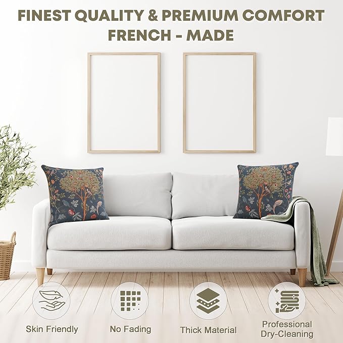 Charlotte Home Furnishings Decorative Tapestry Pillow Cover 19x19 in, Blue Kelmscott Couch Throw Pillow Cover, French Country Square Cushion Cases for Bed Room Home Decor, Soft Cotton Jacquard Woven