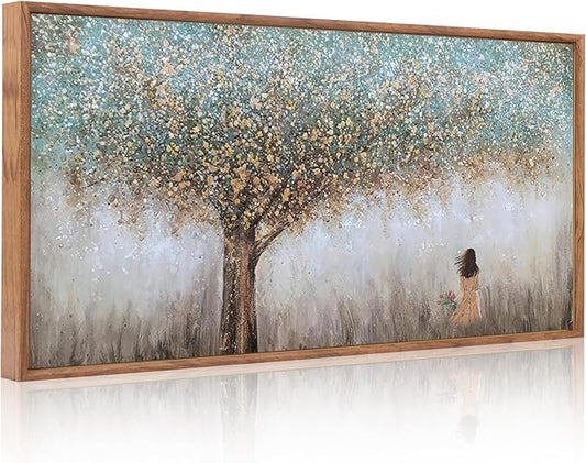 Aurlan Tree of Life Hand Painted Framed Wall Decor(40"x20"), Large Abstract Girl under Tree Oil Painting Canvas Artwork, Modern Nature Landscape Art for Office Living Room Bedroom