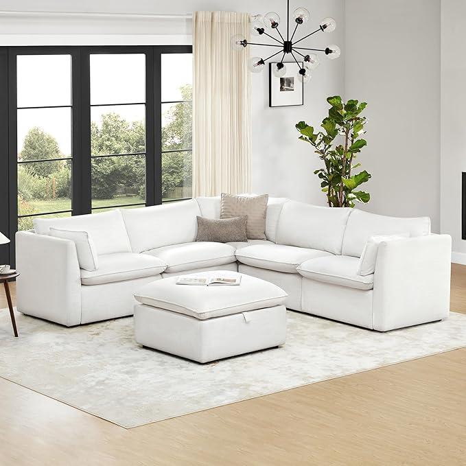 CHITA Sectional Modular Down Filled Coener Sofa, Comfty Feather V Shape Cloud Couch,FSC Certified V Shaped Couch for Living Room, 107 inch Width,4 Seat and 1 Middle Corner, Cream