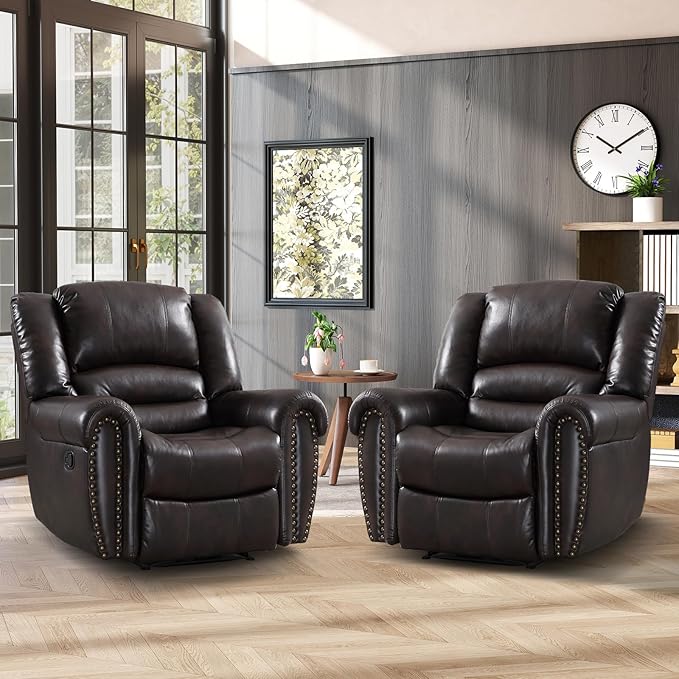 CANMOV Leather Recliner Chair Set of 2, Classic and Traditional Manual Recliner Chair with Comfortable Arms and Back,Manual Single Recliner Sofa for Living Room, Dark Brown