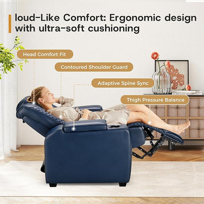 ANJ Power Home Theater Seating Set of 2, Blue Faux Leather Electric Recliner Chair with Powered Headrest, Dual Motors Movie Reclining Chairs with LED Lights,USB Port,Cup Holders, Hidden Arm Storage