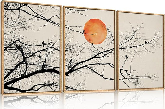 Celestdeco Large Vintage Tree Branch Framed Canvas Wall Art Set, Retro Tree Drawing Wall Decor, Nature Botanical Wall Painting, Neutral Landscape Art Print for Living Room, Bedroom, Office - 16"X24"X3