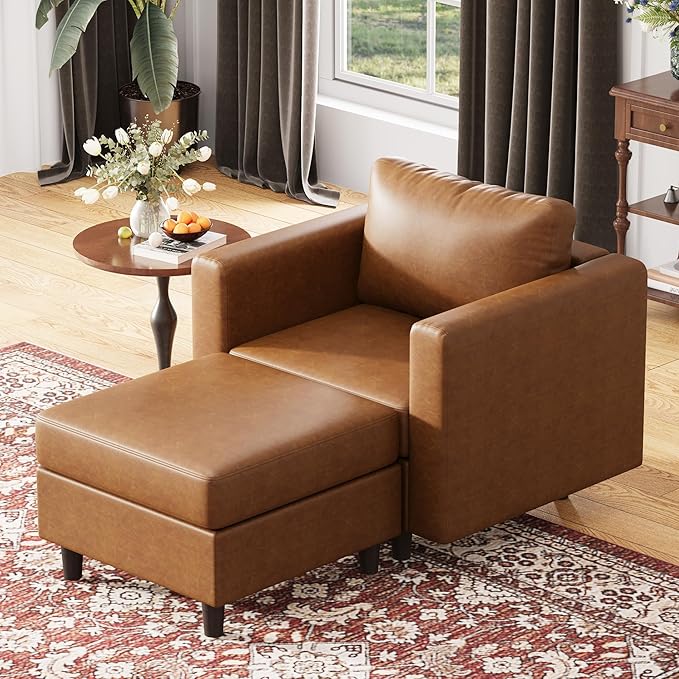 Faux Leather Single Sofa with Storage Ottoman, Modern Accent Chair Deep Seat Large Reading Armchair, Chaise Lounge Chair for Living Room Bedroom Office Brown