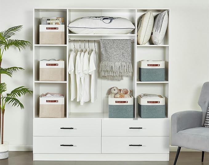 DECOMOMO Storage Bins Fabric Storage Baskets for Shelves, Linen Closet Organization Toys Nursery (Green and White, Large - 4 Pack)