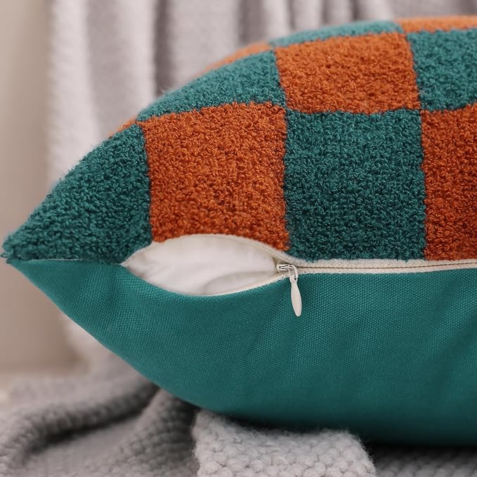 Alysheer Checkered Embroidered Decorative Throw Pillow Covers 18"x 18" Set of 2, Farmhouse Cottage Teal Brown Plaid Tufted Patterned Cotton Canvas Cushion Case for Sofa Couch Bed Living Room