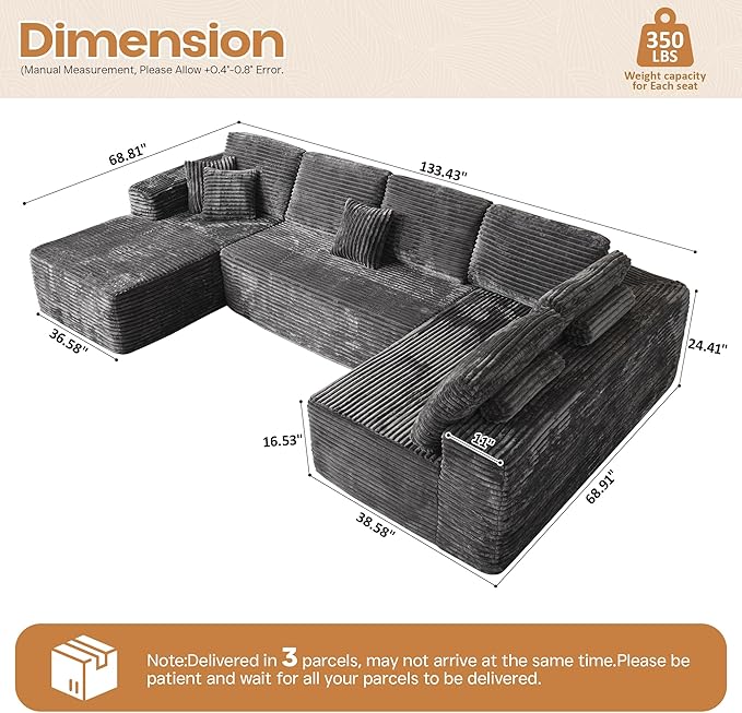 Cloud Sectional Couches for Living Room,U Shaped Modular Sofas No Assembly,133x68 Inches Plush Corduroy Oversized Floor Couch Set with Deep Seat Chaise,Grey