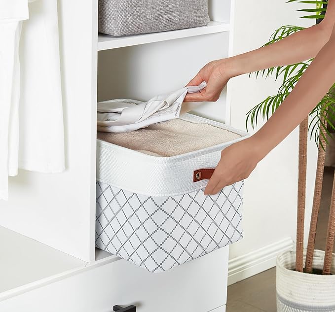 DECOMOMO White Storage Bins Fabric Storage Baskets for Shelves, Linen Closet Organization Toys Nursery (White Check, Large - 3 Pack)