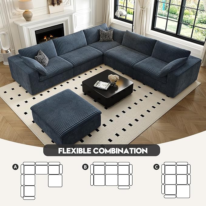 118" Cloud Couch Oversized Modular Sectional Sofa for Living Room,Modern Sofa with Deep Seat，6 Seater Boneless Couch,Comfy Upholstered Corduroy Couches for Apartment, Studio, Office,Bedroom，Blue