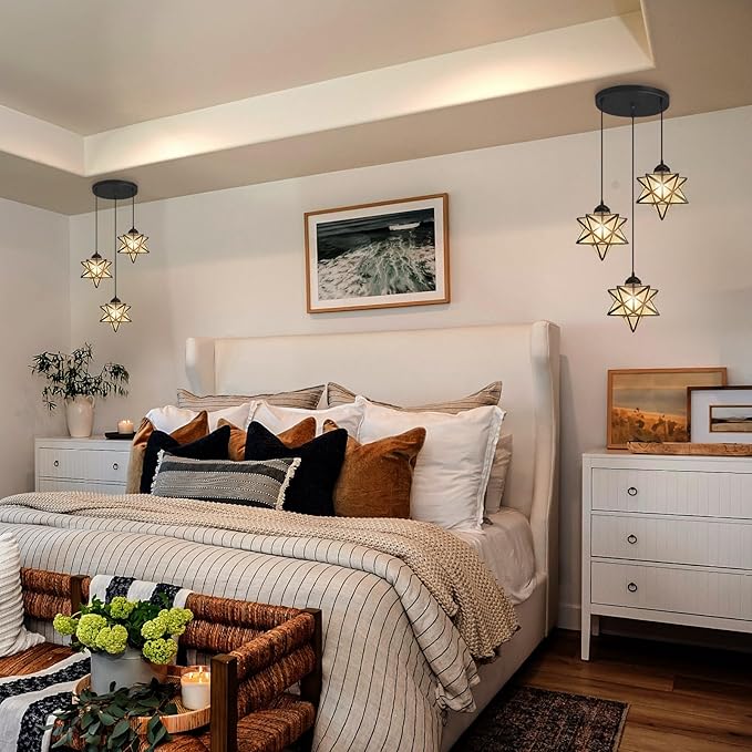 Farmhouse Glam Chandelier with Glass Star Pendants Light Fixture Elegant Ceiling Hanging Lights Included Warm Light Bulbs Black