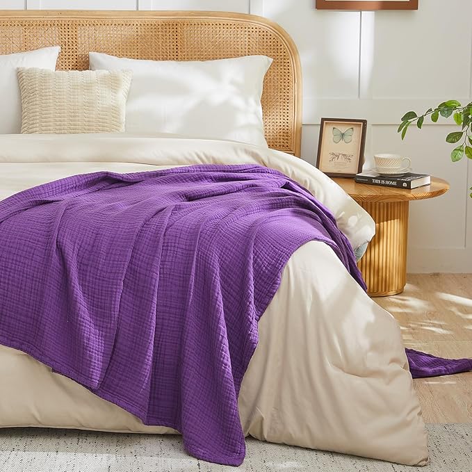 EMME Cotton Muslin Throw Blanket Couch Breathable Gauze Blanket Soft Lightweight Blankets Adults (Purple, 50"x60")