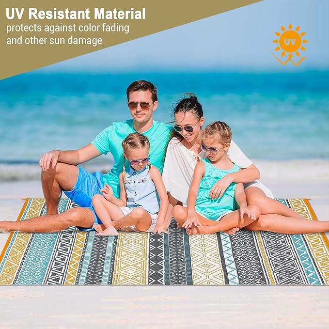 GAOMON Outdoor Plastic Straw Rug, 10'x14' Reversible Sage Green Patio Mat, Flower Modern Design for RV, Backyard, Deck, Camping, Picnic, Teal/Yellow(Bohemia)