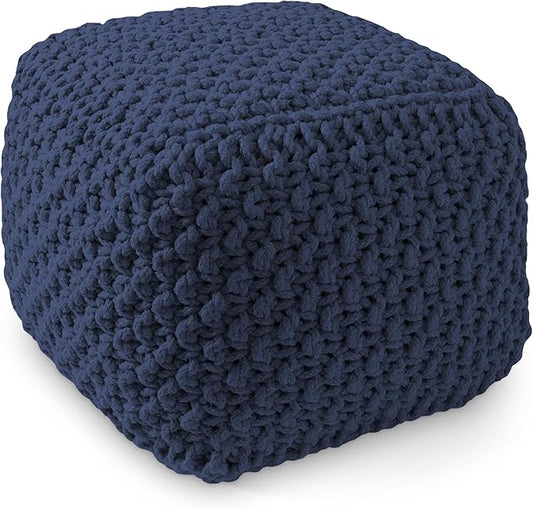 Casafield Square Pouf Ottoman, Navy Blue 18.5" W x 18.5" D x 14.5" H Cotton Knit Foot Stool - Boho Floor Pouffe for Living Room, Bedroom, Home Office