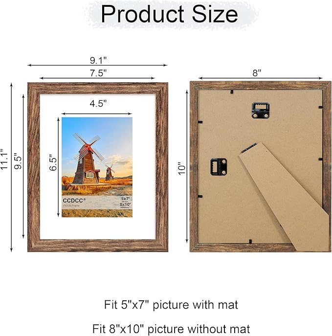 8x10 Picture Frame Set of 4, 8 x 10 Wood Photo Frames with Mat for 5x7, Natural Wooden Frame with Real Glass Cover for Wall and Tabletop Display,Rustic Brown
