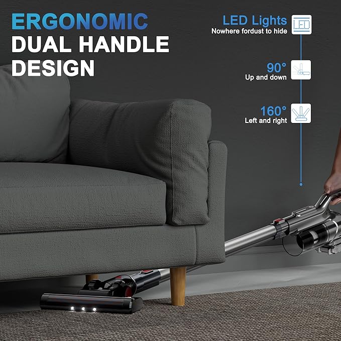 Cordless Vacuum Cleaner, Powerful Battery Vacuum Cleaner Cordless with LED Touch Screen & 2 Speeds, Lightweight Stick Vacuum Cleaners for Home, Pet Hair & Hardwood Floor,Silver