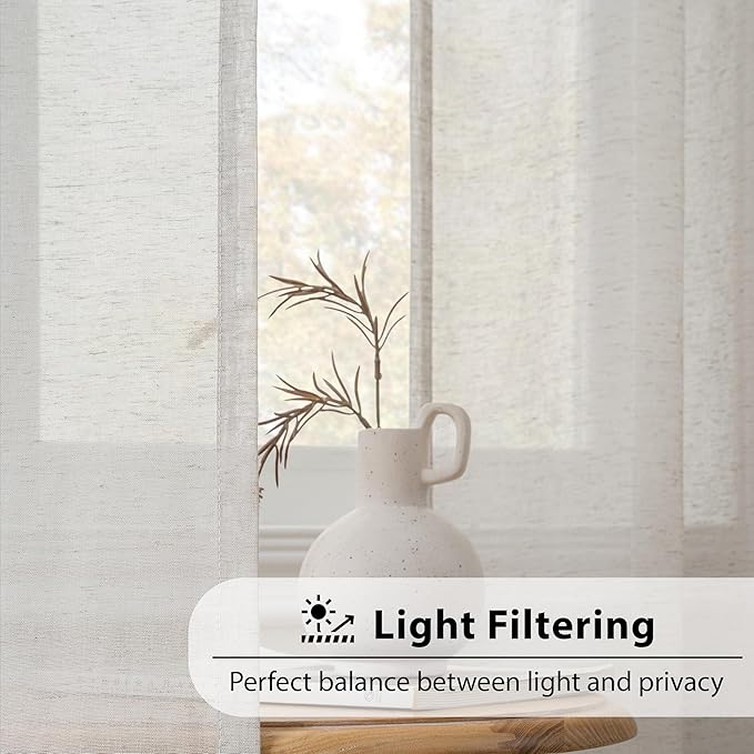 FMFUNCTEX Linen Sheer Curtains for Bedroom, Grey Curtains 96 inches Long for Living Room, Gray Farmhouse French Flax Blend Window Draperies, Rod Pocket 2 Panels Set