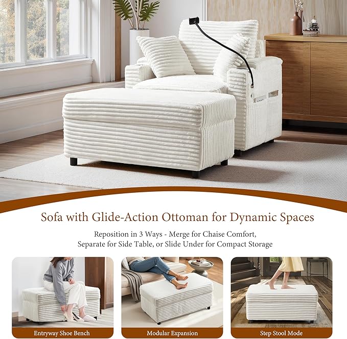 Accent Chair with Storage Ottoman Upholstered Living Room Chairs for Reading Chair with Chaise Lounge Chairs Indoor, Comfortable Armchair for Bedroom