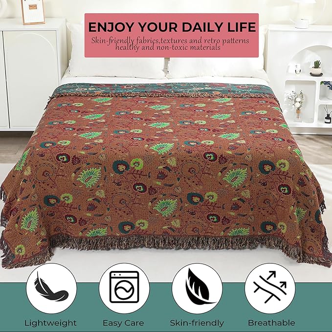 Boho Fall Throw Blanket for Bed，100% Ultra Cotton Soft Breathable Bed Throw Floral Printed Farmhouse Decor Rustic Bed Throws for Couch Sofa Quilt 80" x 90"