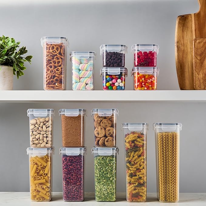 DWËLLZA KITCHEN Set of 14 Airtight Food Storage Containers for Pantry Organization and Storage - Sugar, Flour, Pasta, Spaghetti Plastic Air tight Kitchen Storage Containers With Lids, Labels & Marker