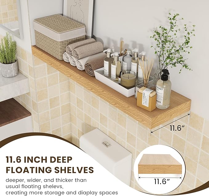 12 Inch Deep Floating Shelves for Wall, 48W x 12D Rustic Oak Wood Floating Shelves, Large Floating Shelves Set of 1 for Living Room Bathroom Laundry Room Bedroom Kitchen Home Office - Oak