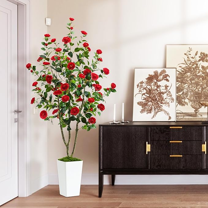 Artificial Camellia Tree 6FT Faux Trees Indoor Fake Floral Plant Blooming Tree with Red Flowers & White Tall Planter, Faux Camellia Plants for Porch Home Room Bedroom Office Front Door Outdoor Decor