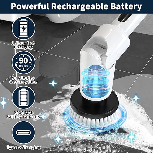 Electric Spin Scrubber - Cordless Cleaning Brush with Digital Display, 2 Speeds, 8 Brush Heads, IPX7 Waterproof, Adjustable Long Handle for Bathroom, Tub, Tile, Shower, and Car