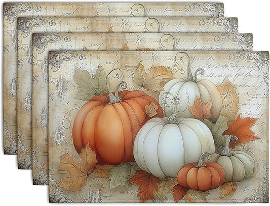 Fall Pumpkin Placemats Set of 4 Vintage Autumn Maple Leaf Seasonal Place Mats 12x18 Inch Thanksgiving Farmhouse Linen Fabric Table Mats for Party Kitchen Dining Outdoor Indoor Decor