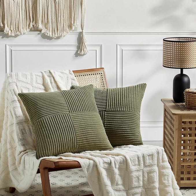 Fancy Homi 2 Packs Olive Green Euro Decorative Throw Pillow Covers 28x28 Inch Room Couch Bed, Rustic Farmhouse Boho Home Decor, Soft Corss Corduroy Patchwork Textured Cushion Case 71x71 cm