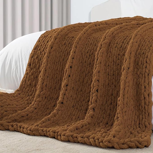 Carriediosa Chunky Knit Throw Blanket 60" X 80" Twin, 100% Hand Made Large Chenille Loop Yarn Soft Fluffy Throws for Couch Sofa Bed, Big Crochet Cozy Heavy Thick Cable Woven Blanket, Light Brown