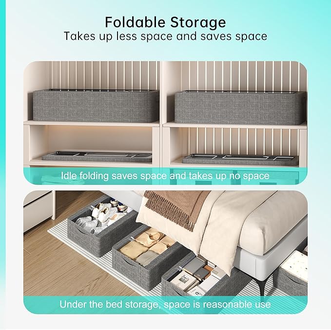 3PCS Under Bed Storage Bins with Metal Frame, Linen Fabric Frame Storage Box Clothes Organizer Bins, Underbed Container with Clear Window (Dark Grey, 15.7 x 13 x 6IN)