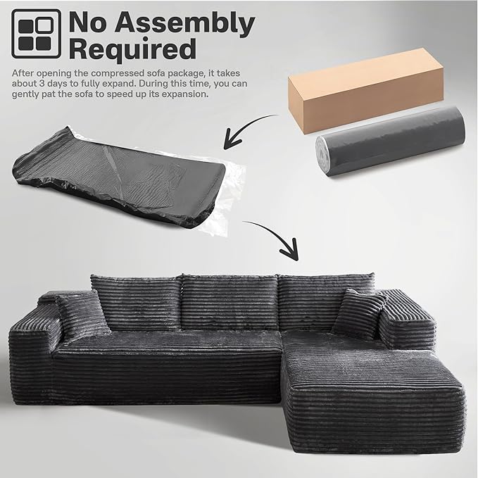 106" Cloud Sectional Couches for Living Room,Plush Corduroy Boneless Couch with Comfy Chaise,L Shaped Sofa in A Box No Assembly Require,Grey