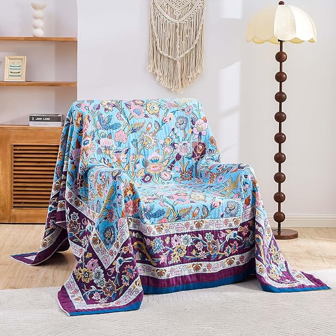 Fall Blanket for Bed, 100% Cotton Soft Rustic Boho Throw Blanket Quilt, 60"x80" Farmhouse Decor Bed Flower Blankets, Light Weight Reversible Bohemian Throw Quilt