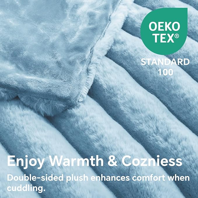 BEDELITE Faux Rabbit Fur Blanket, Luxurious 3D Striped Spring Blanket for Decor & Gift, Soft and Warm Plush Fluffy Faux Fur Throw Blanket All Seasons Suitable, (Light Blue, 50"x 60")