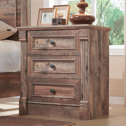 26" Tall Farmhouse Nightstand, 3 Drawers End Table w/Charging Station, 23.6" Wide Large Side Table w/Roman Column, Wood Rustic Sofa Table for Bedroom, Light Brown