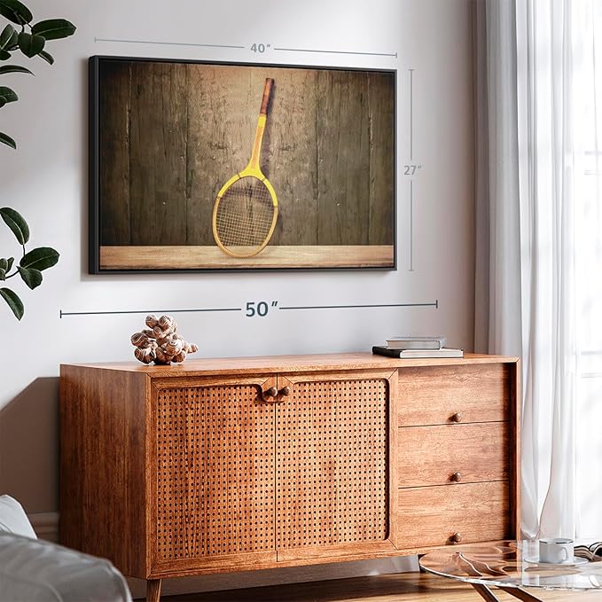 ElephantStock Vintage Tennis Racket Wall Art - Horizontal Framed Canvas - 1-Piece Living Room Wall Decor - Photography Sports Canvas Print - Brown and Black Decor for Wall - 40" X 27"