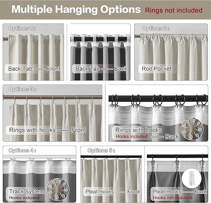 2 PCs Extra Wide Linen Blackout Curtains 108 Inches Long,Back Tab Pleaetd Drapes with Hooks Track System Curtain Panels for Large Windows Patio Sliding Door Living Room 70 x 108 Natural Birch