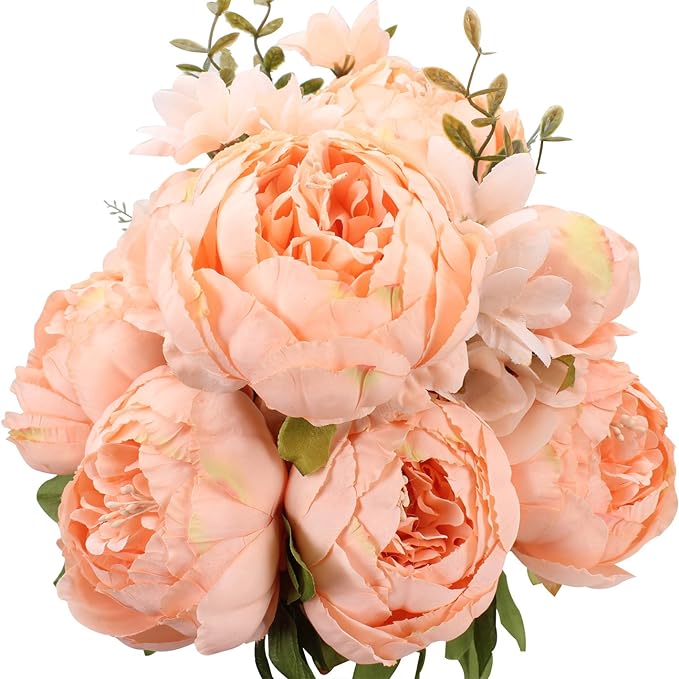 Duovlo Springs Flowers Artificial Silk Peony Bouquets Wedding Home Decoration,Pack of 1 (Spring Orange-Pink)