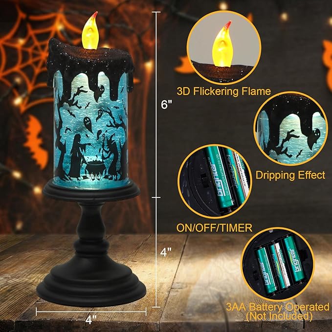 Eldnacele Halloween Snow Globe Flameless Candle with Timer, Battery Operated Spooky Spinning Water Glittering Tornado Lamp LED Candlestick Table Fireplace Witch Decal Halloween Holiday Decoration
