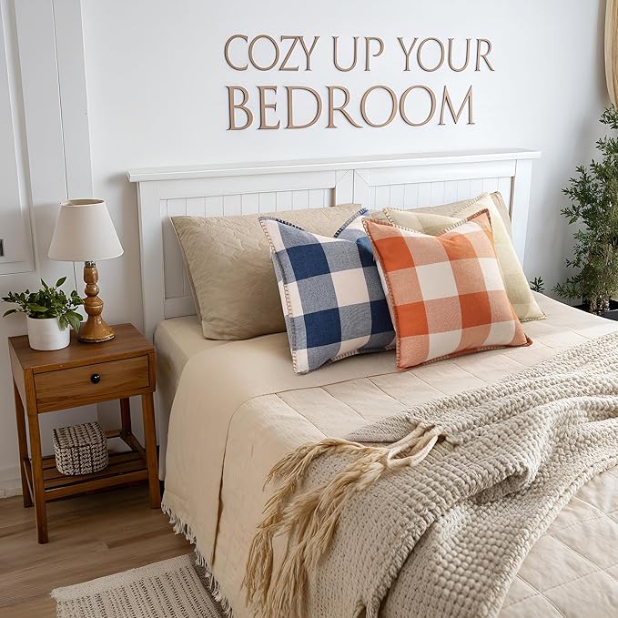 decorUhome Fall Orange and White Decorative Throw Pillow Covers 24x24 Set of 2, Buffalo Plaid Check Farmhouse Cushion Covers with Stitched Edge for Autumn Harvest Couch Sofa Bed Home Decor