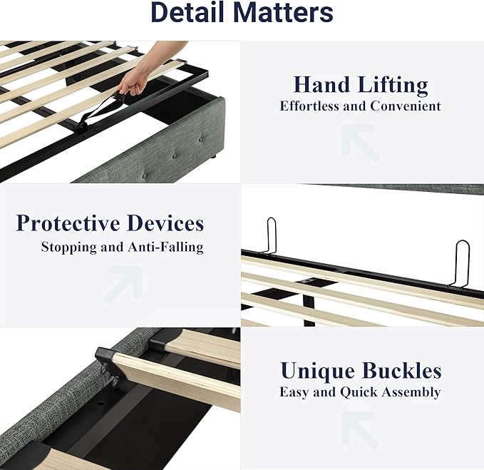 Allewie Queen Size Lift Up Storage Bed, Button Tufted Headboard with Wingback, Hydraulic Support, No Box Spring Needed, Dark Grey