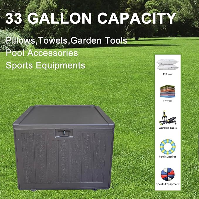 33 Gallon Small Storage Box with Lid,Waterproof Indoor Outdoor Storage Container for Package Delivery,Patio Cushions, Gardening Tools, Pool Accessories, Lockable Resin Deck Box with handle