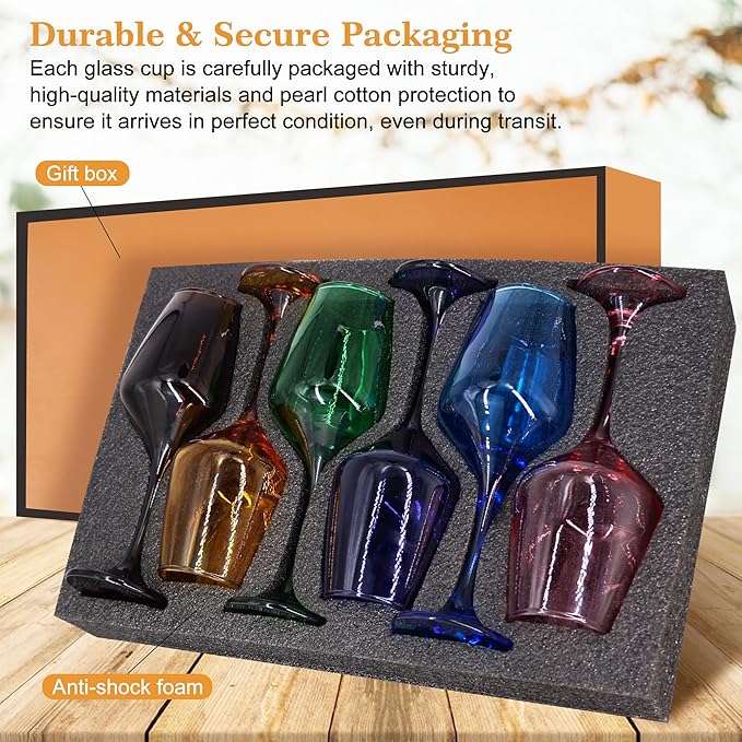 Colored Wine Glasses Set of 6-12oz Colorful Long Stem Wine Glass Cups, Multi Color Pretty Crystal Glassware, Hand Blown Goblets Drinkware, Unique Drinking Stemware Holiday Gift Set for Women