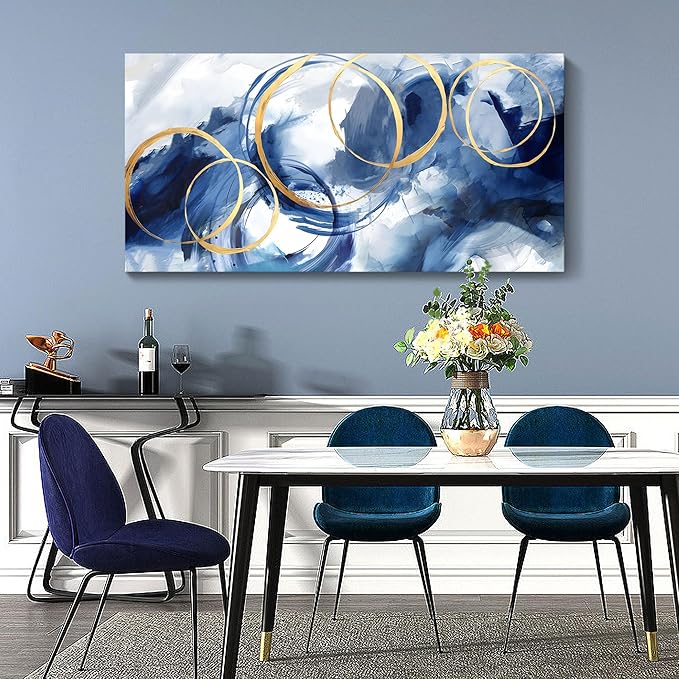 AJAZIKO Abstract Wall Art Blue Modern Art Wall Decor Artwork For Walls Living Room Huge Wall Canvas Office Pictures For Wall Navy Gold Contempor Decorations For Bedroom Size 24x48in