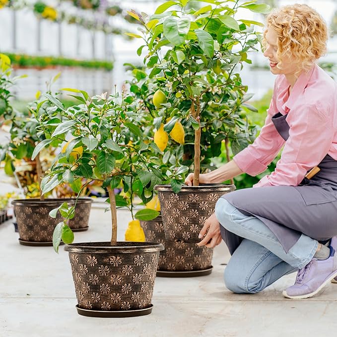 16 Inch Planter Pots for Plants, Plastic Large Flower Pots Indoor Outdoor, 4 Pack Resin Plant Pot with Drainage & Saucer, Retro Decorative Garden Pot with Removable Trays for House