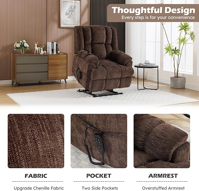 Dual Motor Power Lift Recliner Chair with Massage and Heat for Elderly People, Infinite Position, Brown Recliner Chair, Chenille Fabric Lift Chair