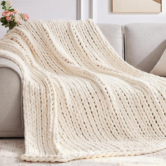 Chunky Knit Throw Blanket, 60''*80'' Knitted Throw Chenille Yarn for Bed Couch, Handmade Cream Crochet Big Thick Blanket, Machine Washable Cute Comfy Blanket for Home Decor