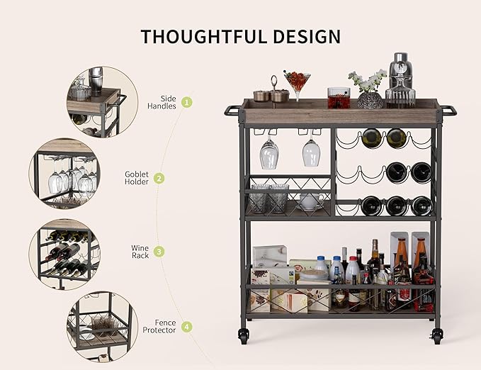 Gizoon Rolling Bar Cart, a Versatile Beverage Cart with a Removable Tray, 12-Bottle Wine Rack, and Glass Holder, The Bar Cart is Perfect for Kitchen, Dining Room, or Outdoor Use (Gray)