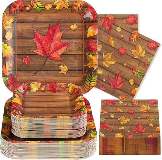 200Pcs Fall Party Decorations Watercolor Autumn Maple Leaves Paper Plates and Napkins Thanksgiving Wooden Grain Tableware Sets for Holiday Harvest Birthday Wedding Dinner Party Supplies Serves 50