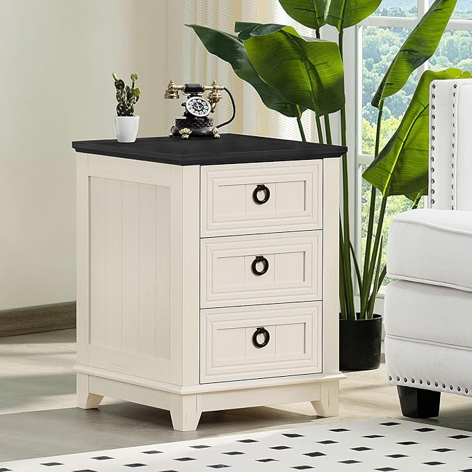 18" Farmhouse Night Stand with 3 Drawers, Wood End Table Dresser for Bedroom, White Nightstand, Bed Side Table with Metal Handle, Bedside Cabinet for Bedroom Living Room, Closet