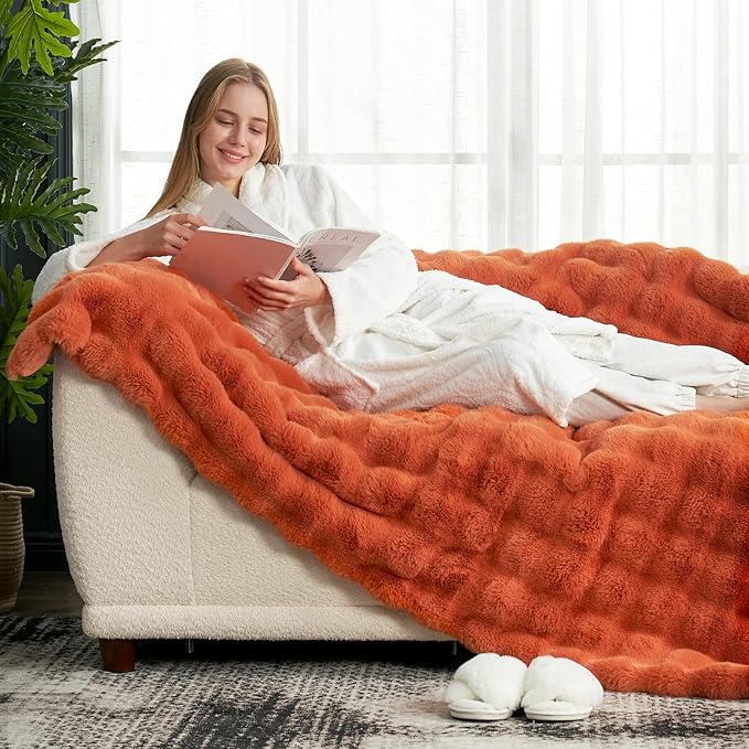 Cozy Bliss Faux Fur Throw Blanket for Couch, Fuzzy Soft Plush Thick Bubble Blanket for Sofa Bedroom Living Room, 60 * 80 Inches Burnt Orange