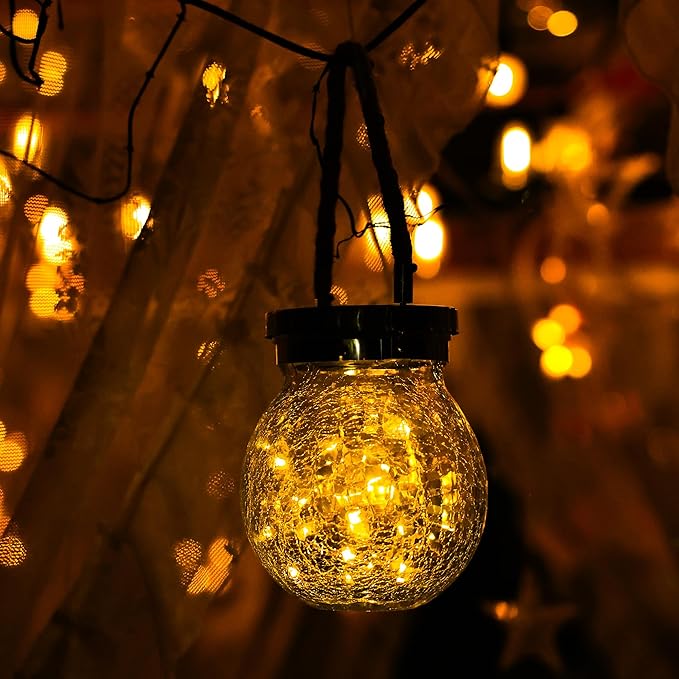 Cooo 6 Pack Heavy Crackle Glass Solar Lantern with 30 LED Firefly Lights– Waterproof Outdoor Hanging Lamp 215% Larger Solar Panel, Stainless Steel Lid Decorative Lighting for Garden Patio Table